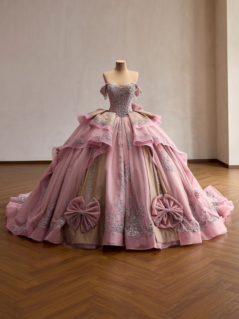 Completed custom pink ball gown featuring a jeweled corset and dramatic tulle skirt