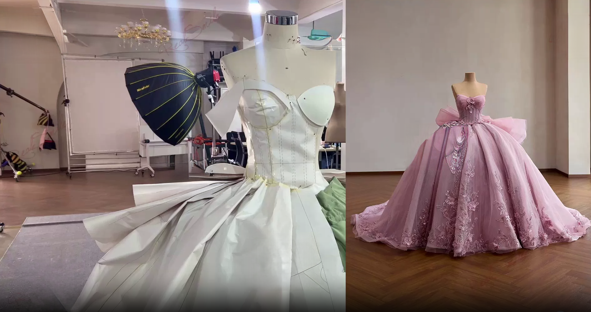 Designers cutting pattern for blush pink ball gown Designers cutting pattern for blush pink ball gown
