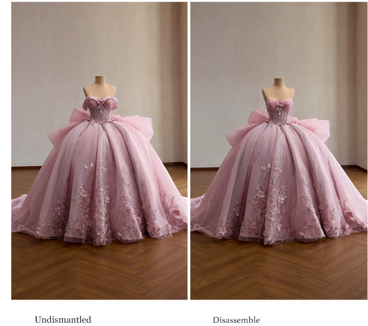 Completed blush pink bridal ball gown in dressmaking studio Completed blush pink bridal ball gown in dressmaking studio