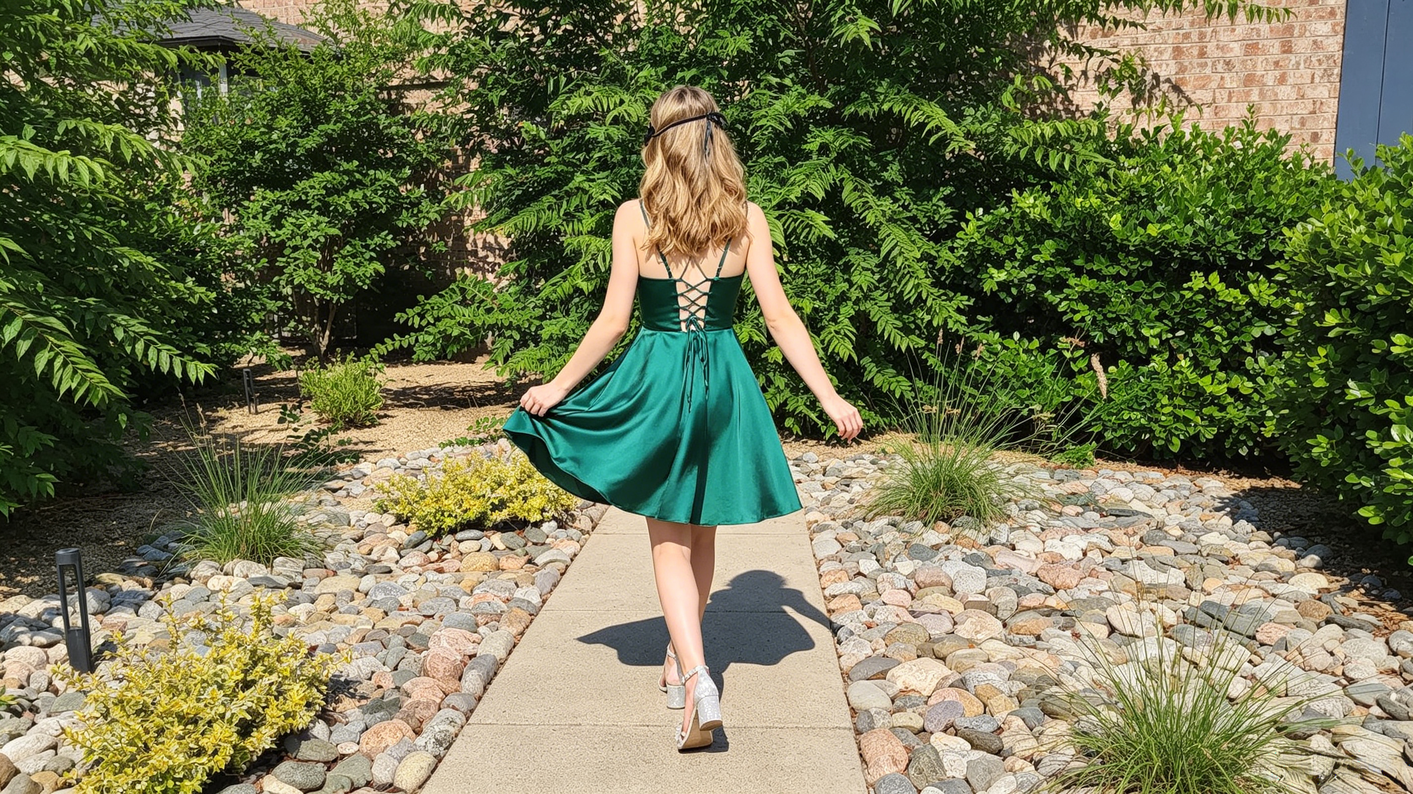 emerald green satin homecoming dress