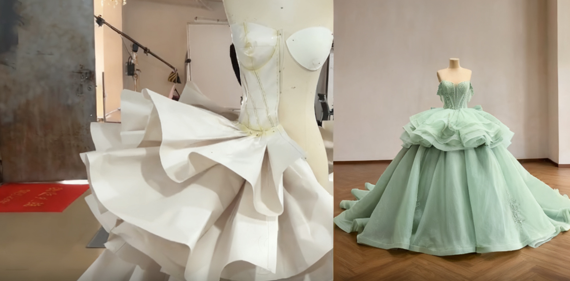 Side-by-side view of a couture dress in progress: white structural toile on a mannequin next to the finished mint green ball gown with a sculptural ruffled skirt. Side-by-side view of a couture dress in progress: white structural toile on a mannequin next to the finished mint green ball gown with a sculptural ruffled skirt.