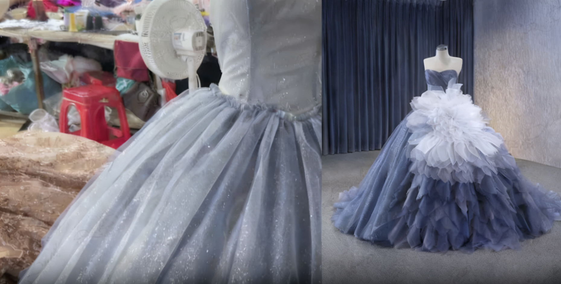 Custom blue ombre tulle ball gown making process, showing gathered sparkle tulle fabric beside the finished ruffled formal dress on a mannequin Custom blue ombre tulle ball gown making process, showing gathered sparkle tulle fabric beside the finished ruffled formal dress on a mannequin