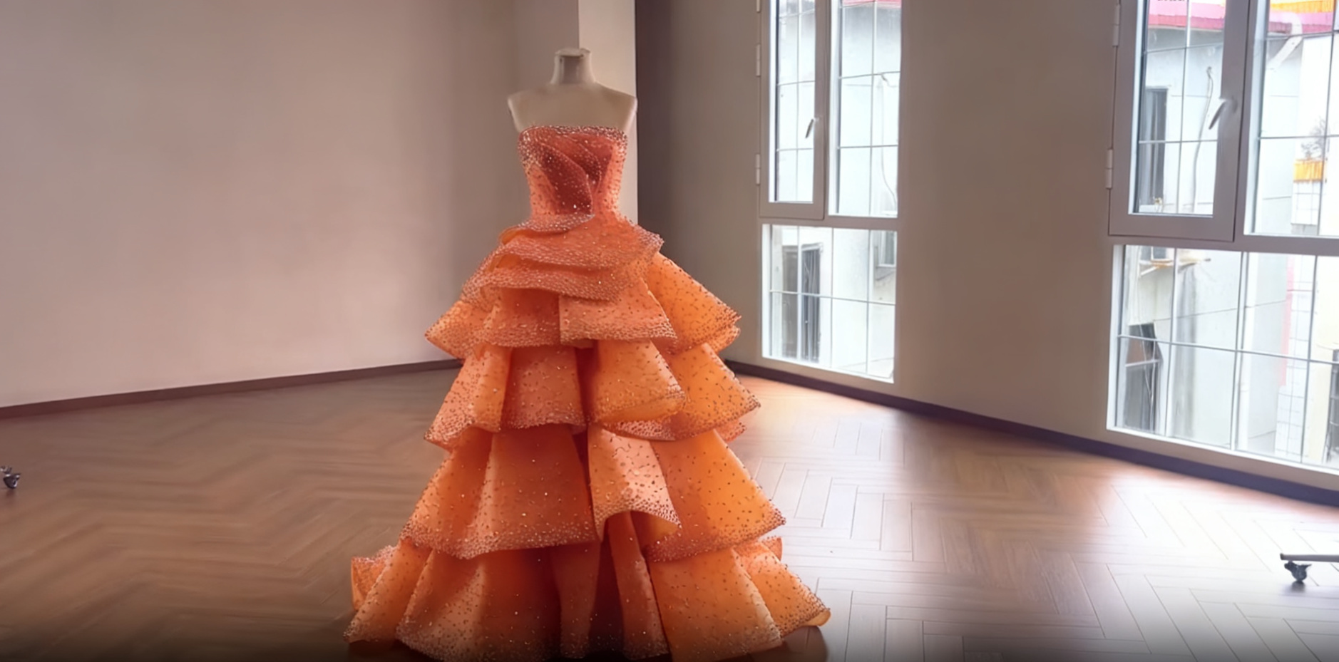 orange tulle beading prom dress