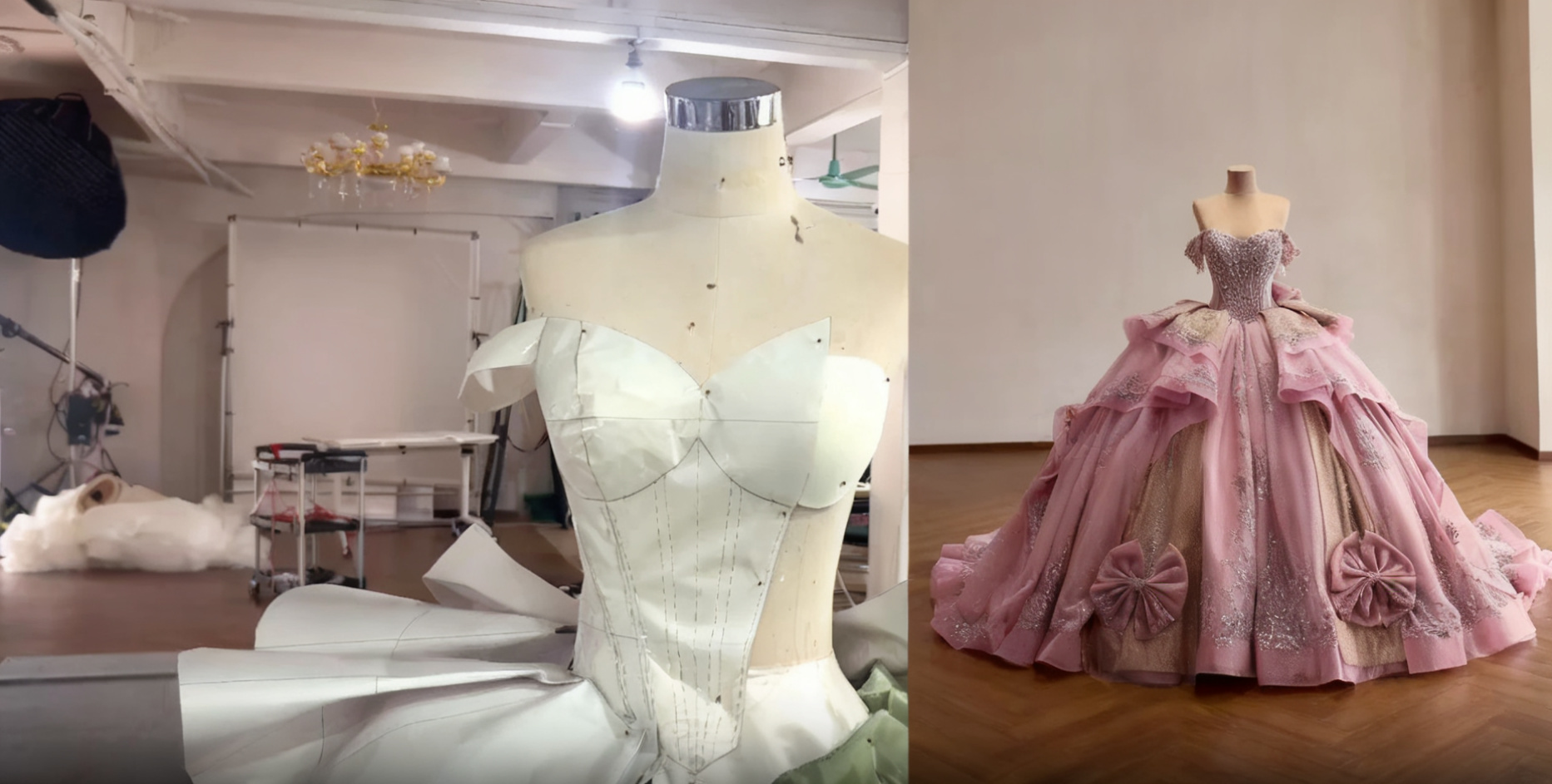 Pattern draping a custom pink ball gown using muslin fabric on a mannequin
