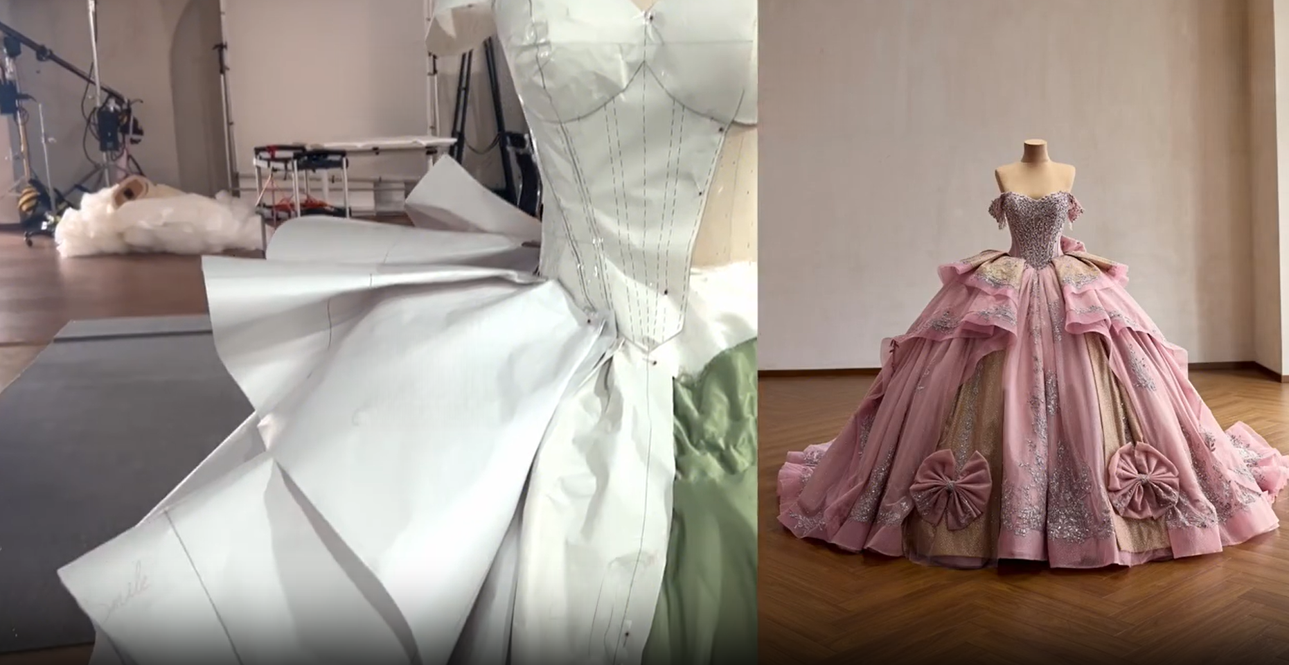 Testing the fit and silhouette of a pink couture gown during the muslin fitting stage