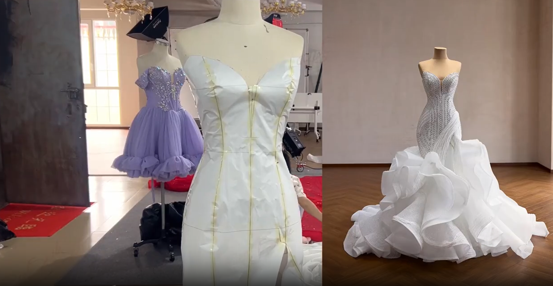 Dress making process: Muslin toile vs. finished beaded mermaid wedding gown. Dress making process: Muslin toile vs. finished beaded mermaid wedding gown.