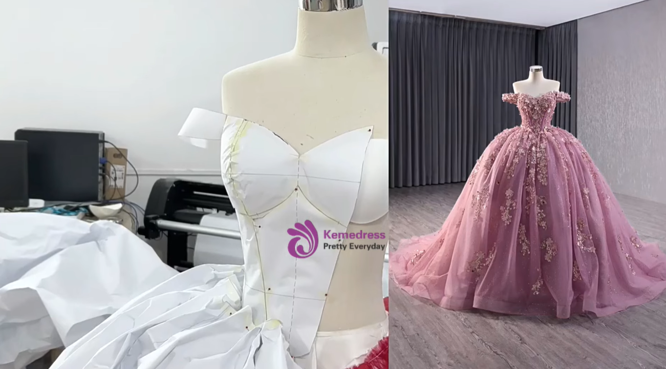 custom pink ball gown pattern drafting and muslin fitting process