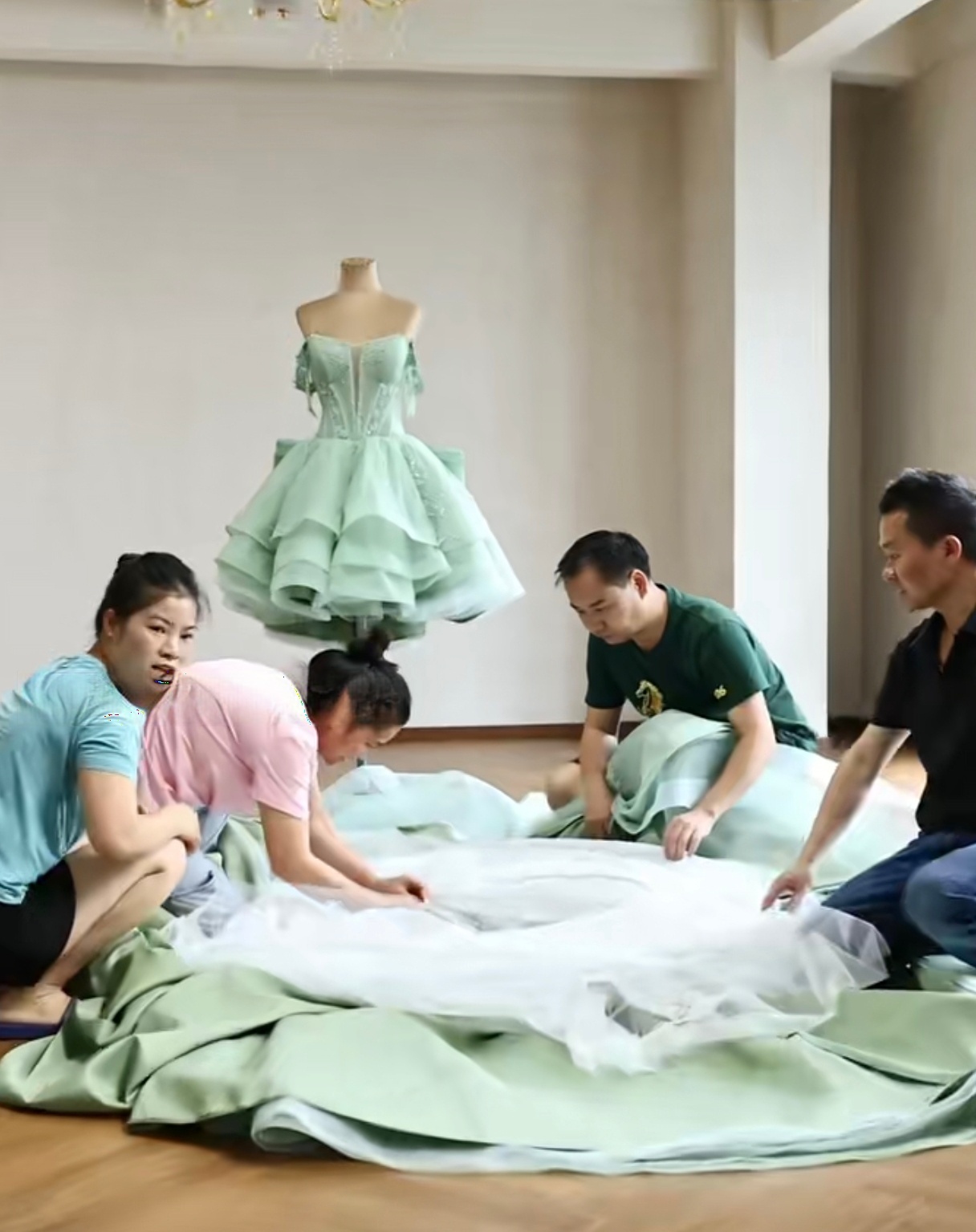 Four team members working together on the floor to spread out and arrange the massive layers of white and mint green fabric for the gown's construction, with a finished short dress on a mannequin in the background Four team members working together on the floor to spread out and arrange the massive layers of white and mint green fabric for the gown's construction, with a finished short dress on a mannequin in the background
