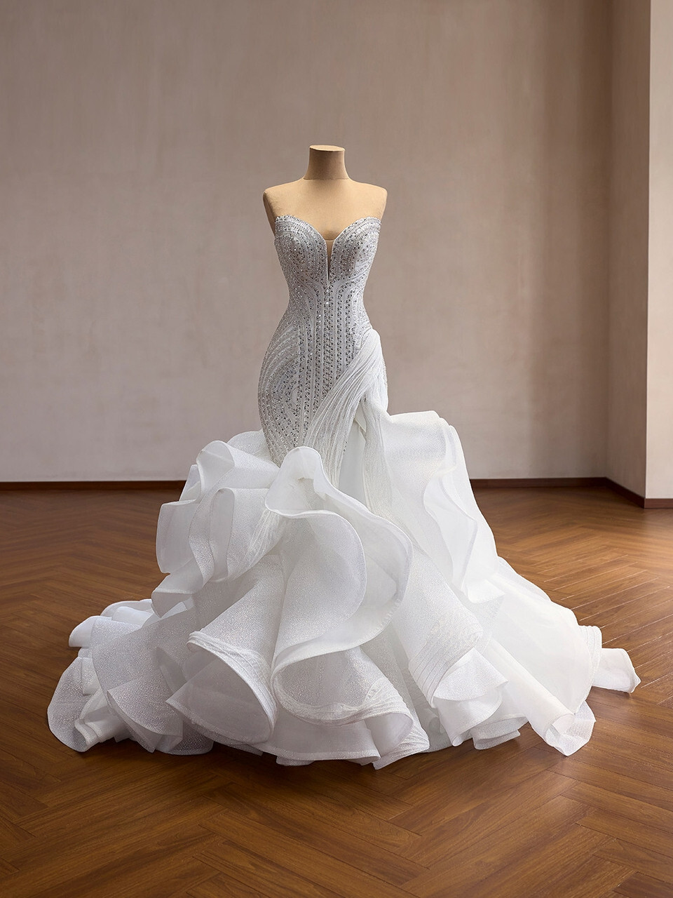 Finished bespoke mermaid wedding dress with ruffled skirt. Finished bespoke mermaid wedding dress with ruffled skirt.